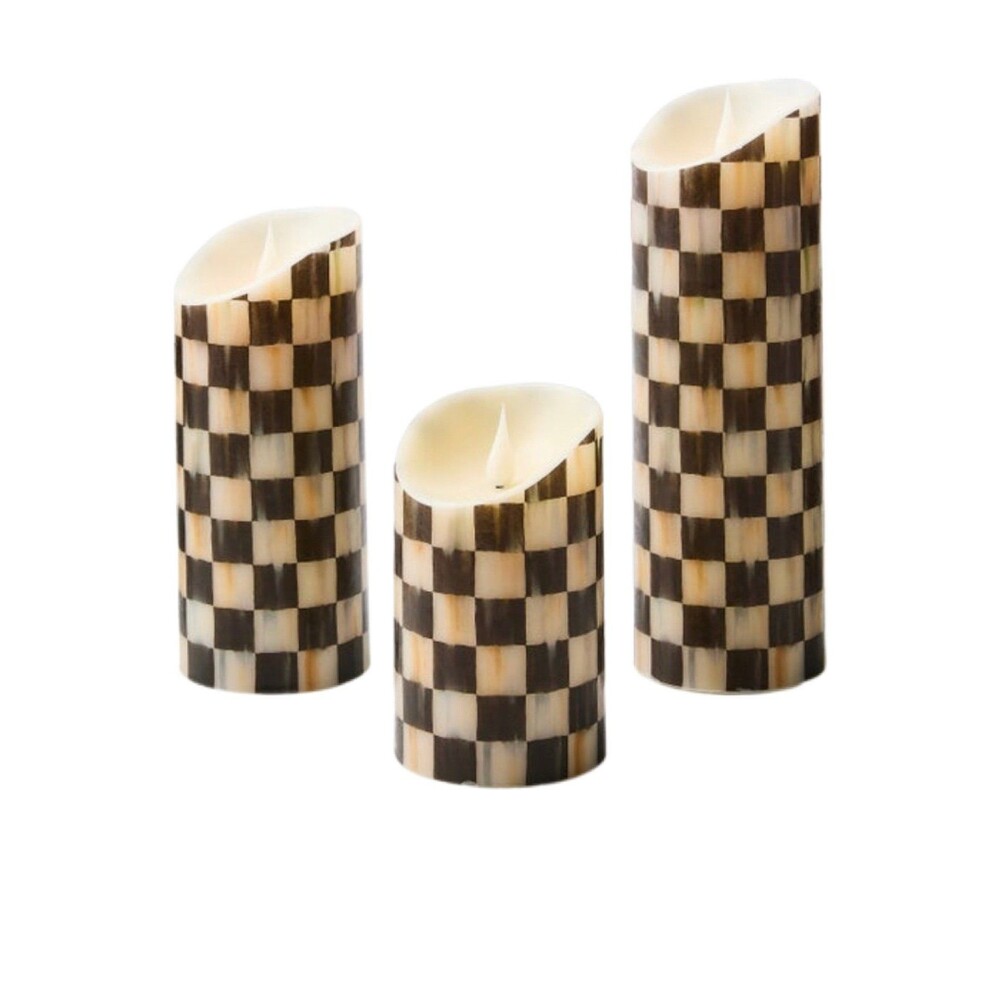 MacKenzie-Childs Courtly Check Flicker Pillar  Candles, Gift Set of 3 New In Box